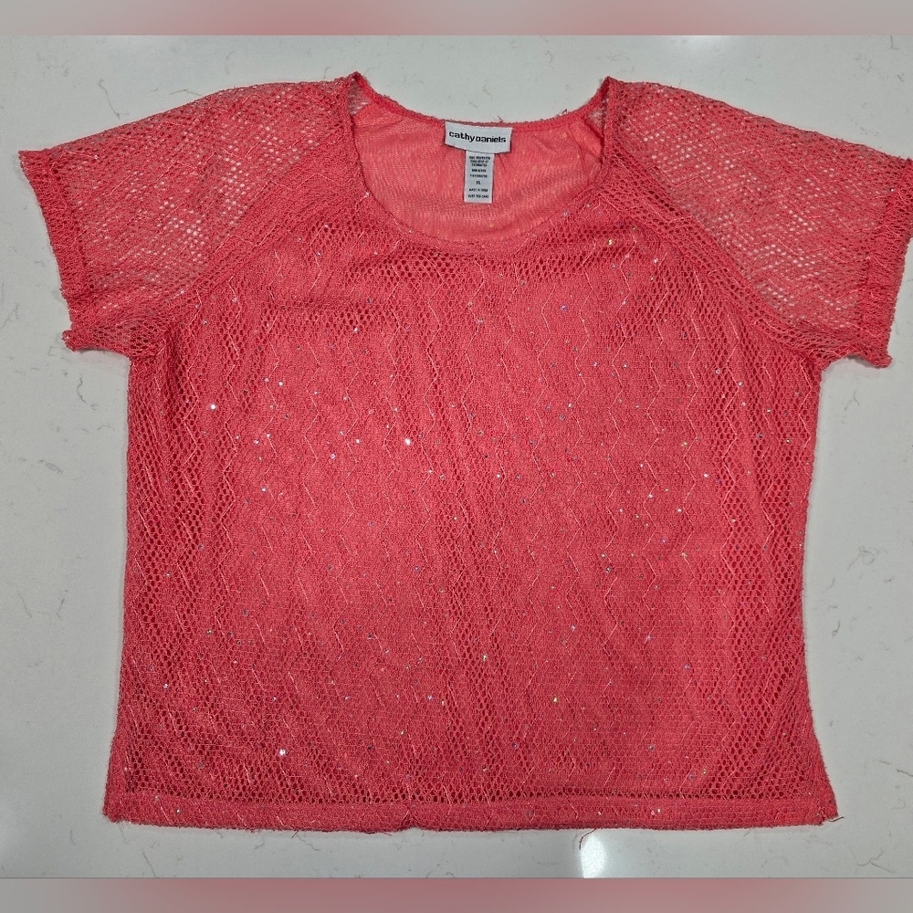 Cathy Daniels Womens Sheer Semi‎ Lined Top Sequons Scoop Neck Bright Pink XL